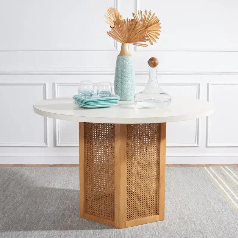 Table à manger ronde en faux marbre blanc/noir/naturel avec base hexagonale en cannage – 4 places, 119 cm L