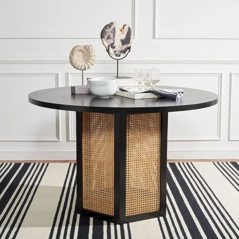 Table à manger ronde en faux marbre blanc/noir/naturel avec base hexagonale en cannage – 4 places, 119 cm L